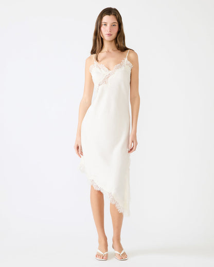 DANNA Cream Asymmetrical Lace Trim Women's Midi Dress