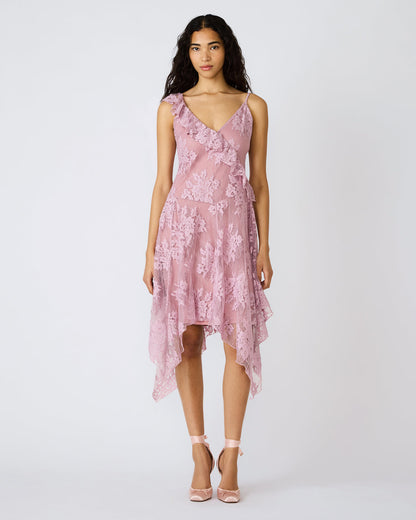 DARIELLA Mauve Shadows Sleeveless Asymmetrical Ruffle Lace Mesh Women's Midi Dress