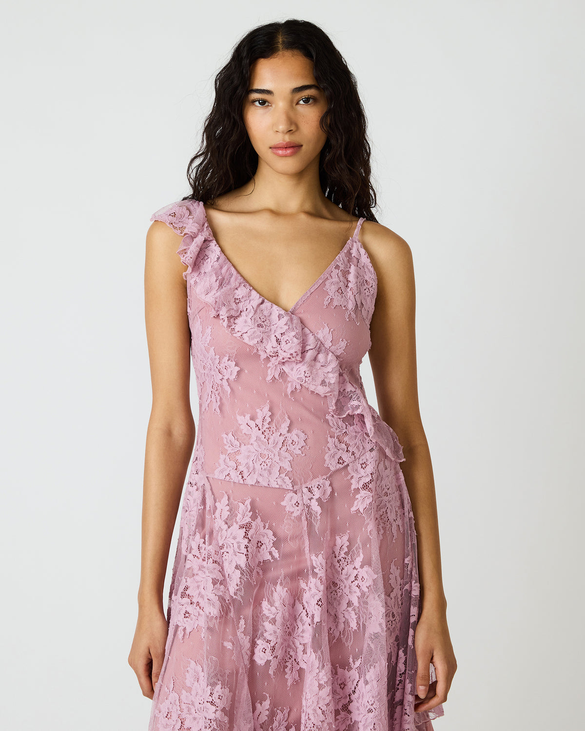 DARIELLA Mauve Shadows Sleeveless Asymmetrical Ruffle Lace Mesh Women's Midi Dress