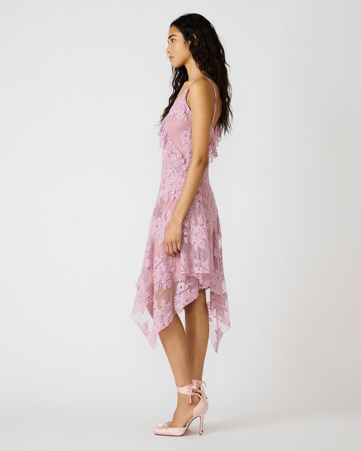 DARIELLA Mauve Shadows Sleeveless Asymmetrical Ruffle Lace Mesh Women's Midi Dress
