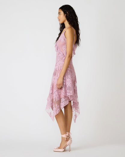 DARIELLA Mauve Shadows Sleeveless Asymmetrical Ruffle Lace Mesh Women's Midi Dress