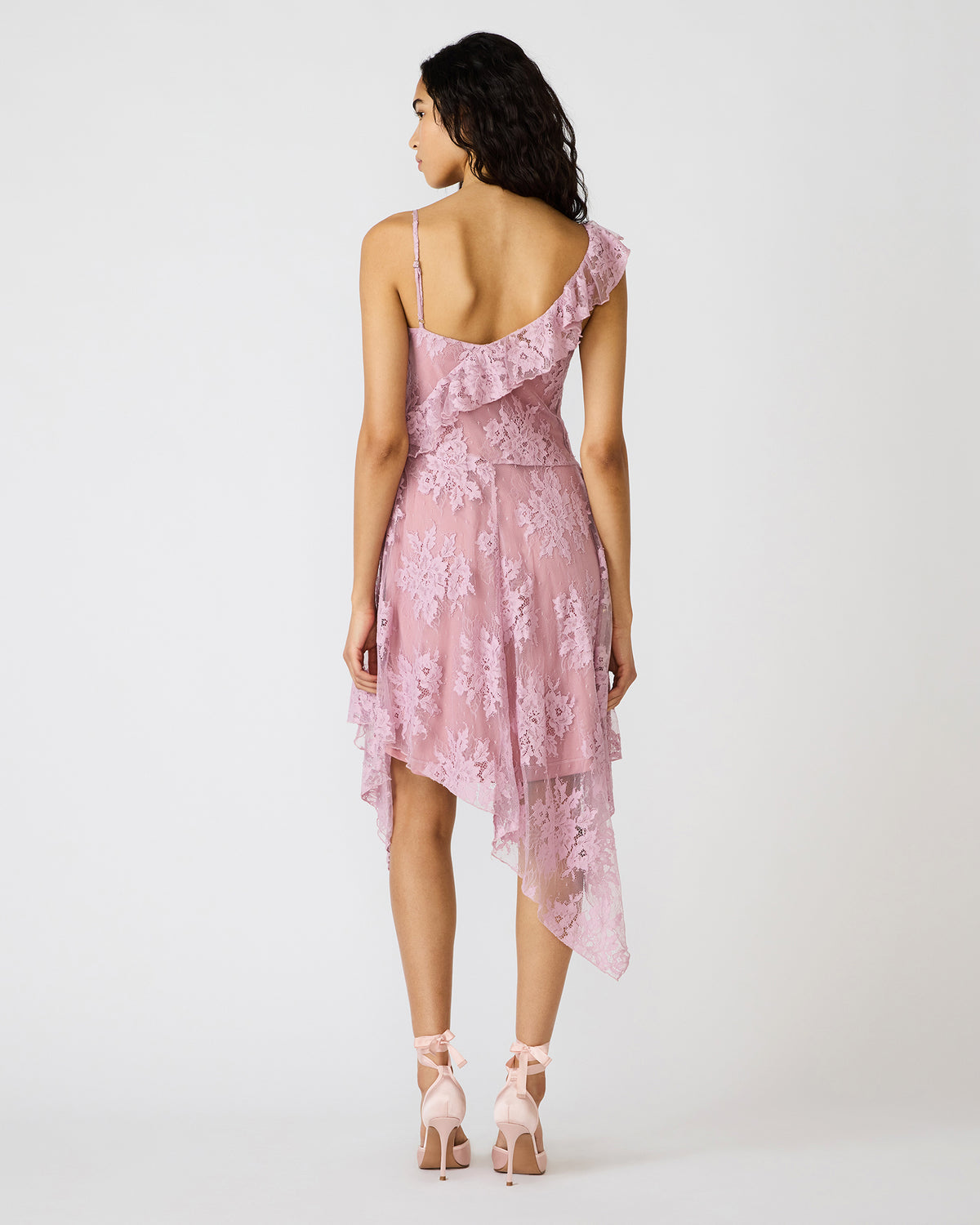 DARIELLA Mauve Shadows Sleeveless Asymmetrical Ruffle Lace Mesh Women's Midi Dress