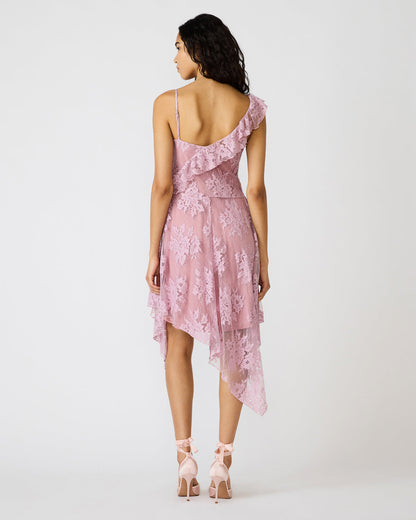 DARIELLA Mauve Shadows Sleeveless Asymmetrical Ruffle Lace Mesh Women's Midi Dress