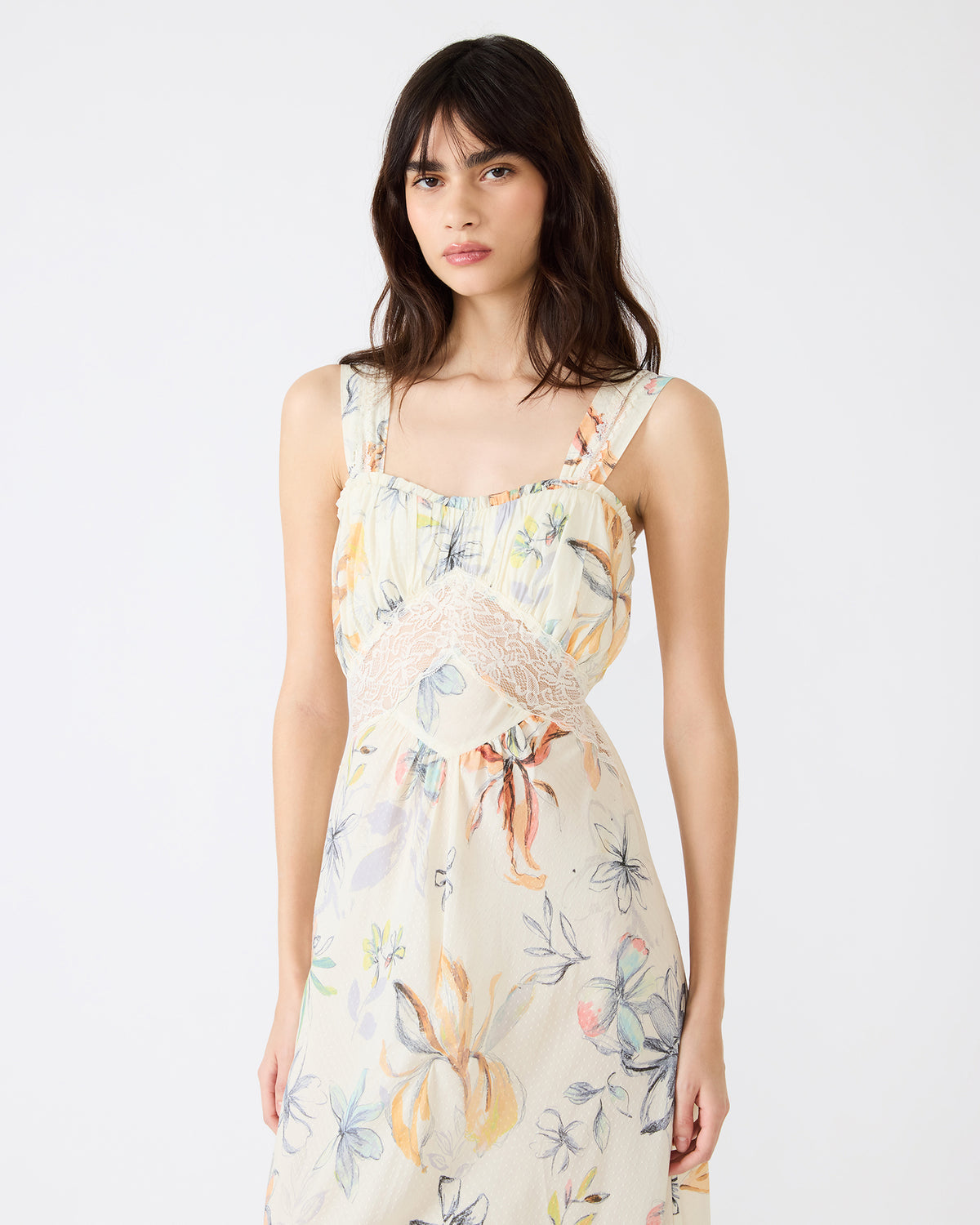 ALEXUS Vintage Ivory Flowy Lace Trim Flowy Women's Maxi Dress