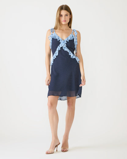 ADALINA Vintage Navy Polka Dot Ruffle Flowy Women's Mini Dress