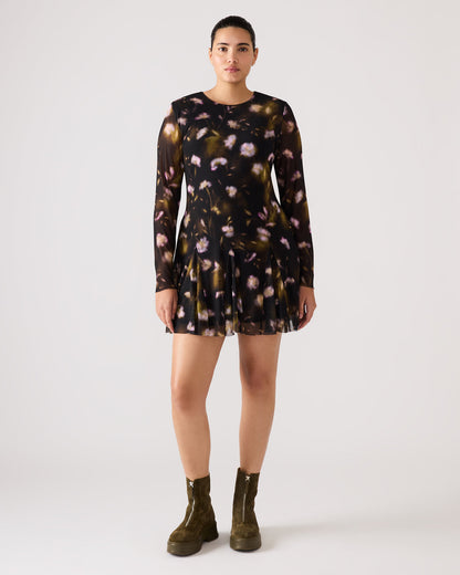 BLISS Black Ditsy Floral Long-Sleeved Floral Print Mesh Sheer Mini Women's Dress