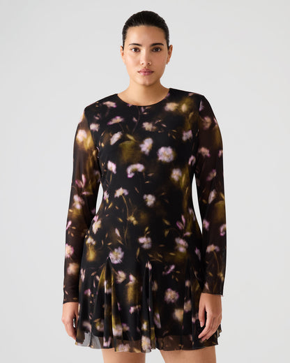 BLISS Black Ditsy Floral Long-Sleeved Floral Print Mesh Sheer Mini Women's Dress
