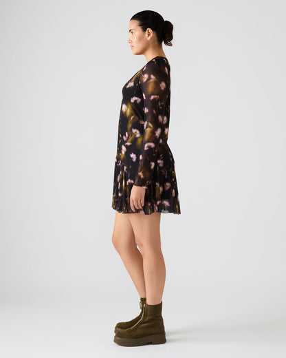 BLISS Black Ditsy Floral Long-Sleeved Floral Print Mesh Sheer Mini Women's Dress