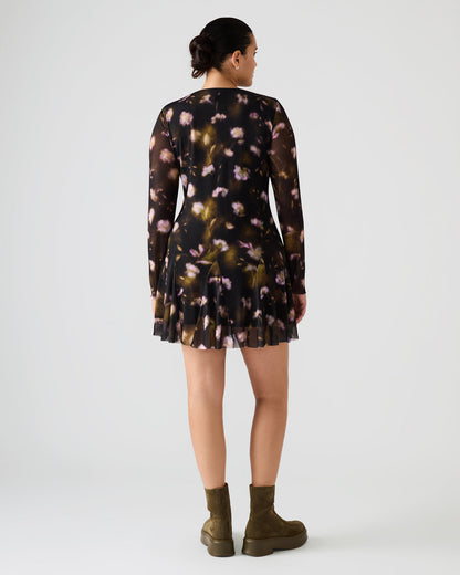 BLISS Black Ditsy Floral Long-Sleeved Floral Print Mesh Sheer Mini Women's Dress
