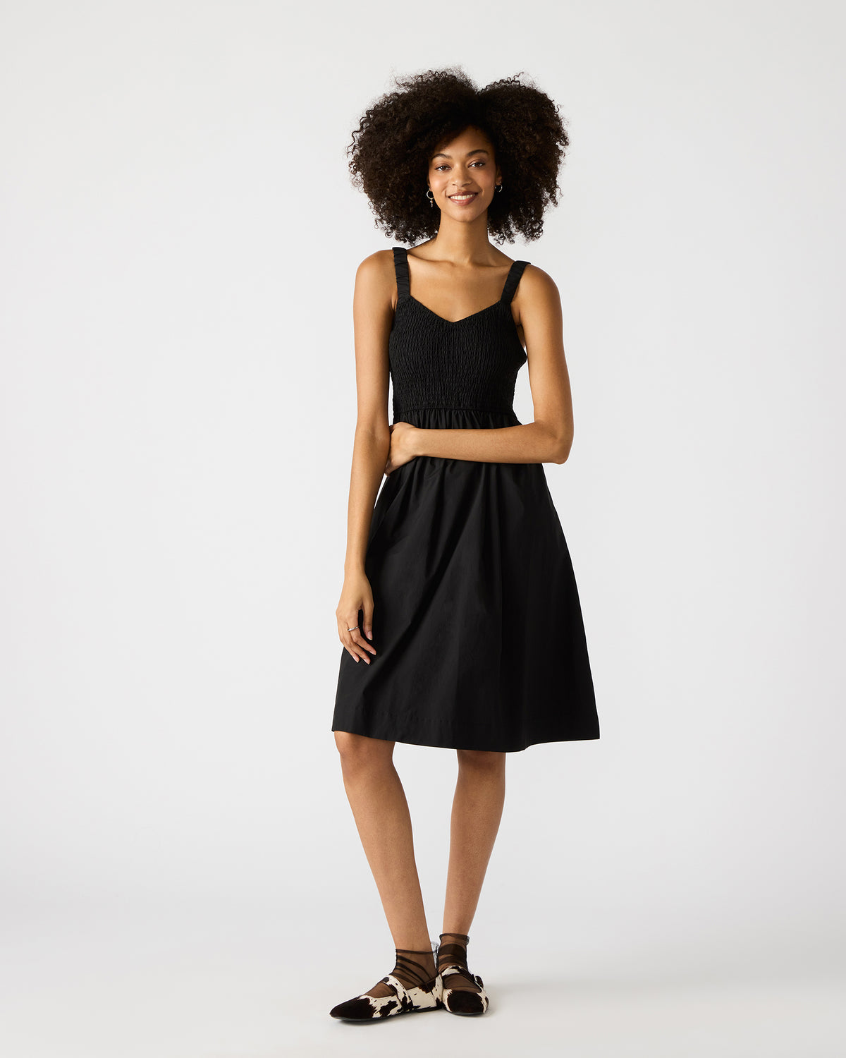 FLEUR Black Flowy Smocked Midi Women's Dress