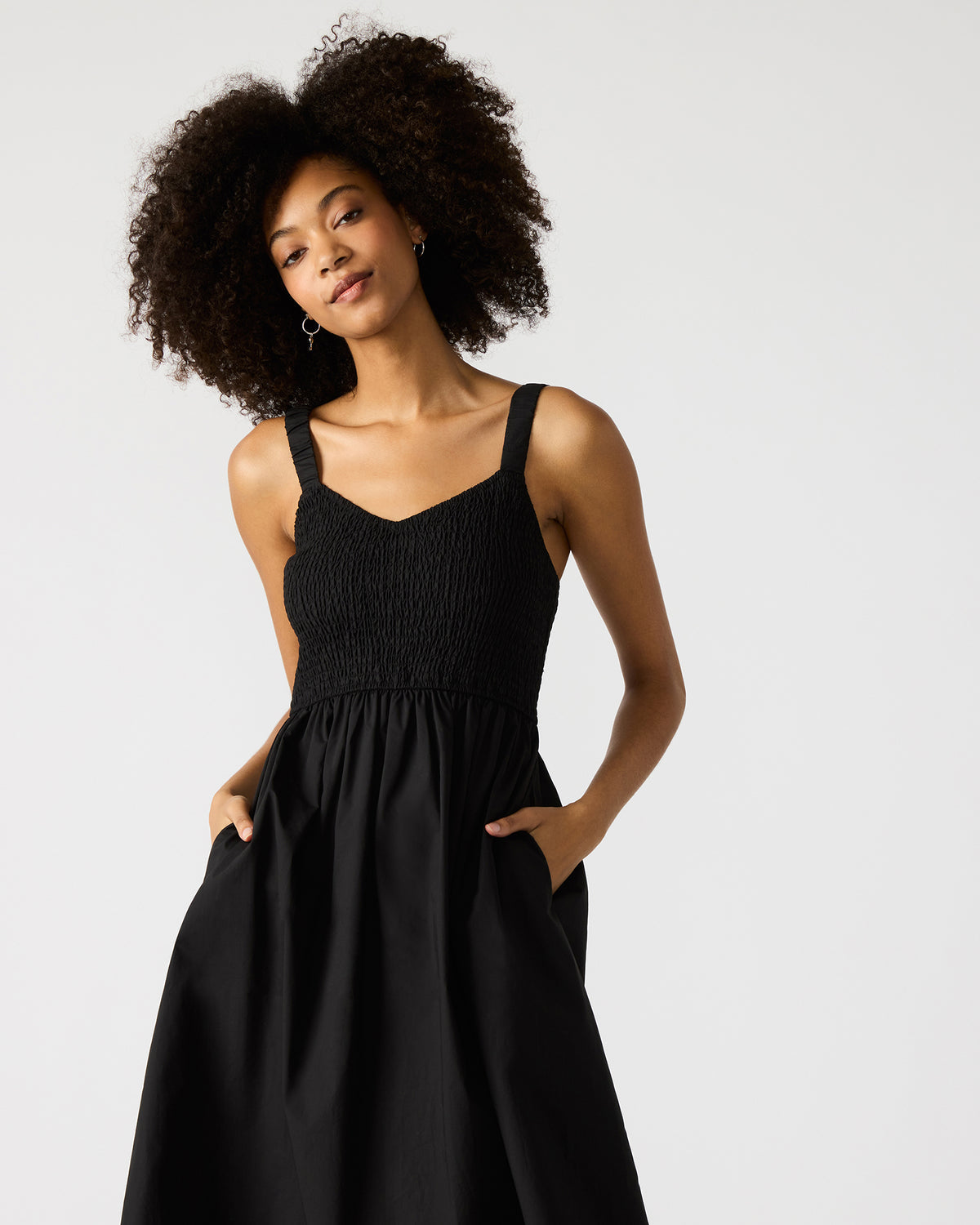 FLEUR Black Flowy Smocked Midi Women's Dress