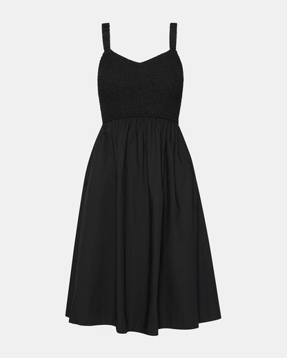 FLEUR Black Flowy Smocked Midi Women's Dress