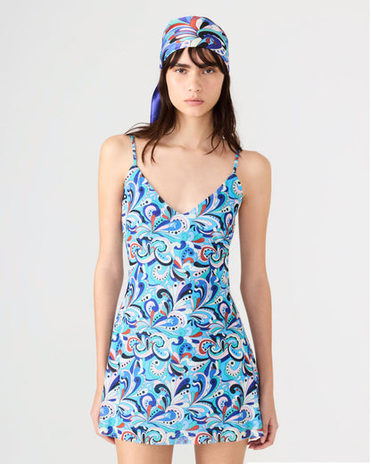SHEILA Teal Paisley Sleeveless V-Neckline Printed Slip Mini Women's Dress