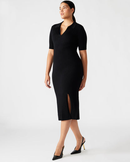LINDY Dress Black | Collared Midi Dress