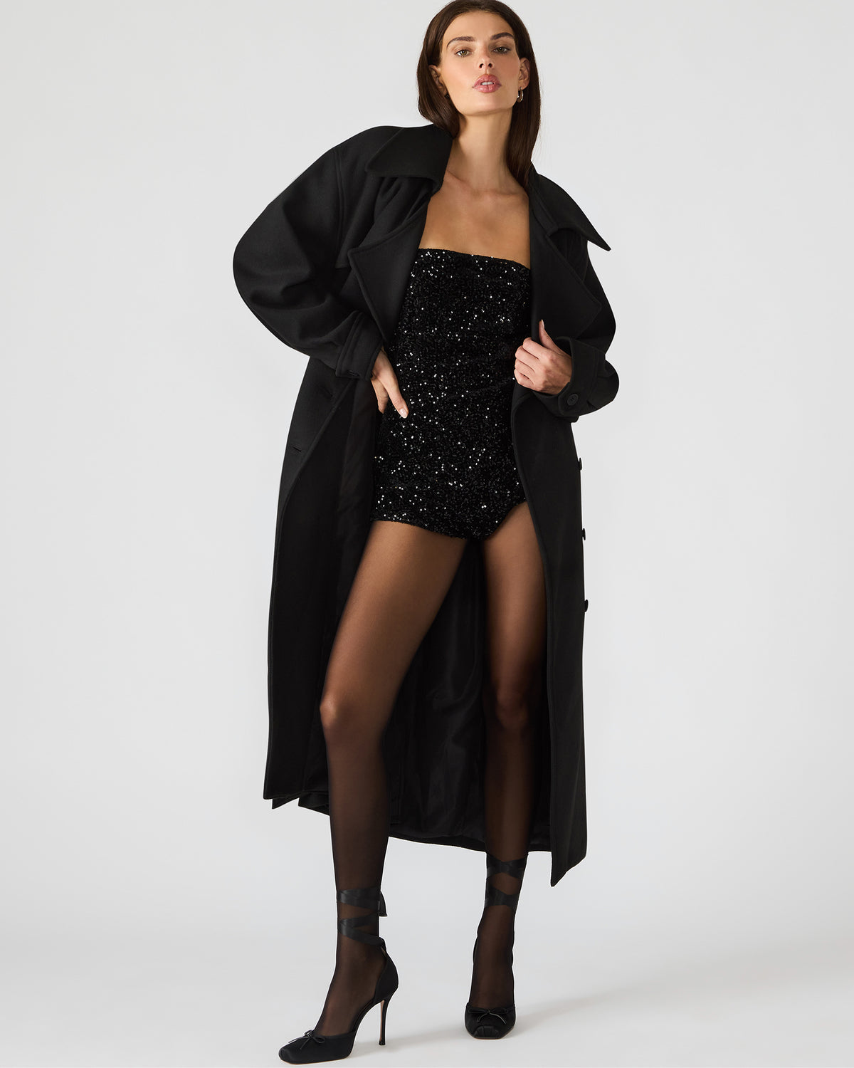 ENORA Black Long-Sleeved Button-Up Collared Women's Trench Coat