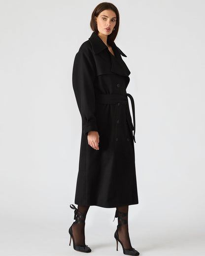 ENORA Black Long-Sleeved Button-Up Collared Women's Trench Coat