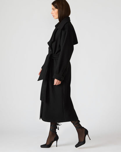 ENORA Black Long-Sleeved Button-Up Collared Women's Trench Coat