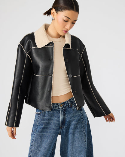 TILIA Black Long-Sleeved Faux Leather Button-Up Faux Fur Women's Coat