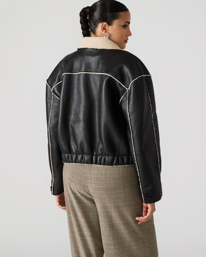 TILIA Black Long-Sleeved Faux Leather Button-Up Faux Fur Women's Coat