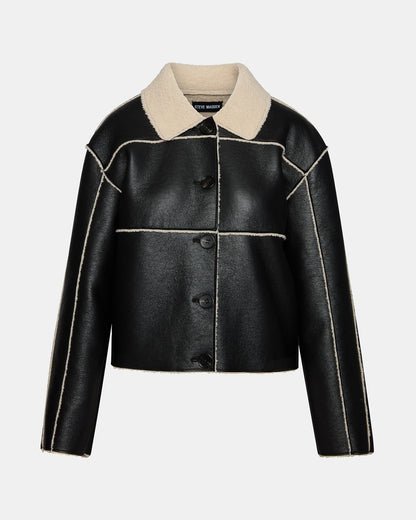 TILIA Black Long-Sleeved Faux Leather Button-Up Faux Fur Women's Coat