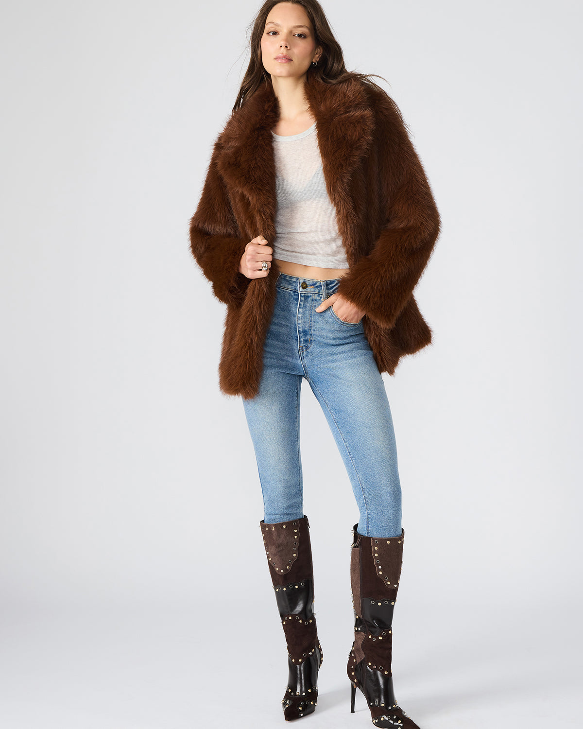 KINDRA Brown Faux Fur Collared Women's Coat