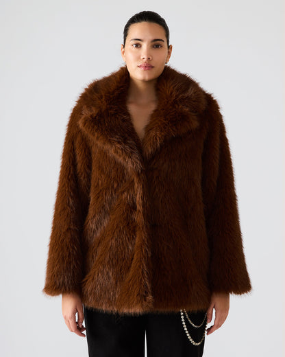 KINDRA Brown Faux Fur Collared Women's Coat