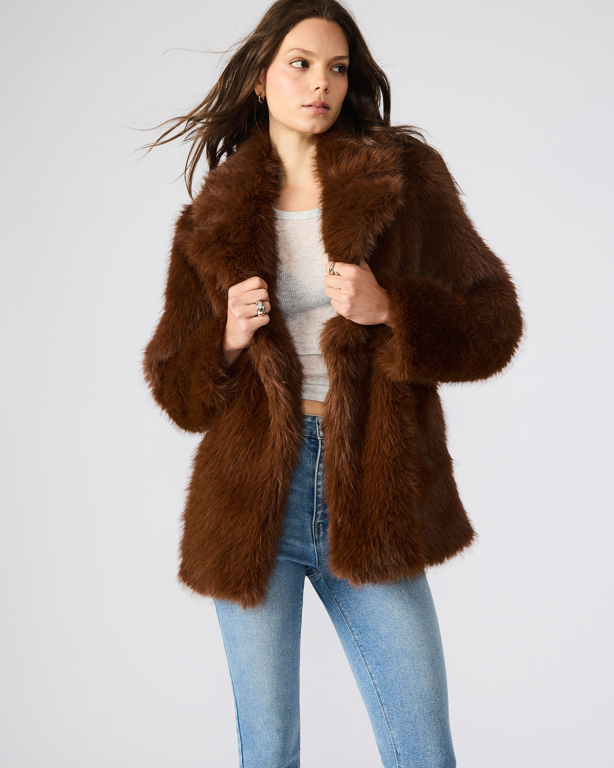 KINDRA Brown Faux Fur Collared Women's Coat
