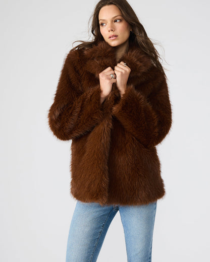KINDRA Brown Faux Fur Collared Women's Coat