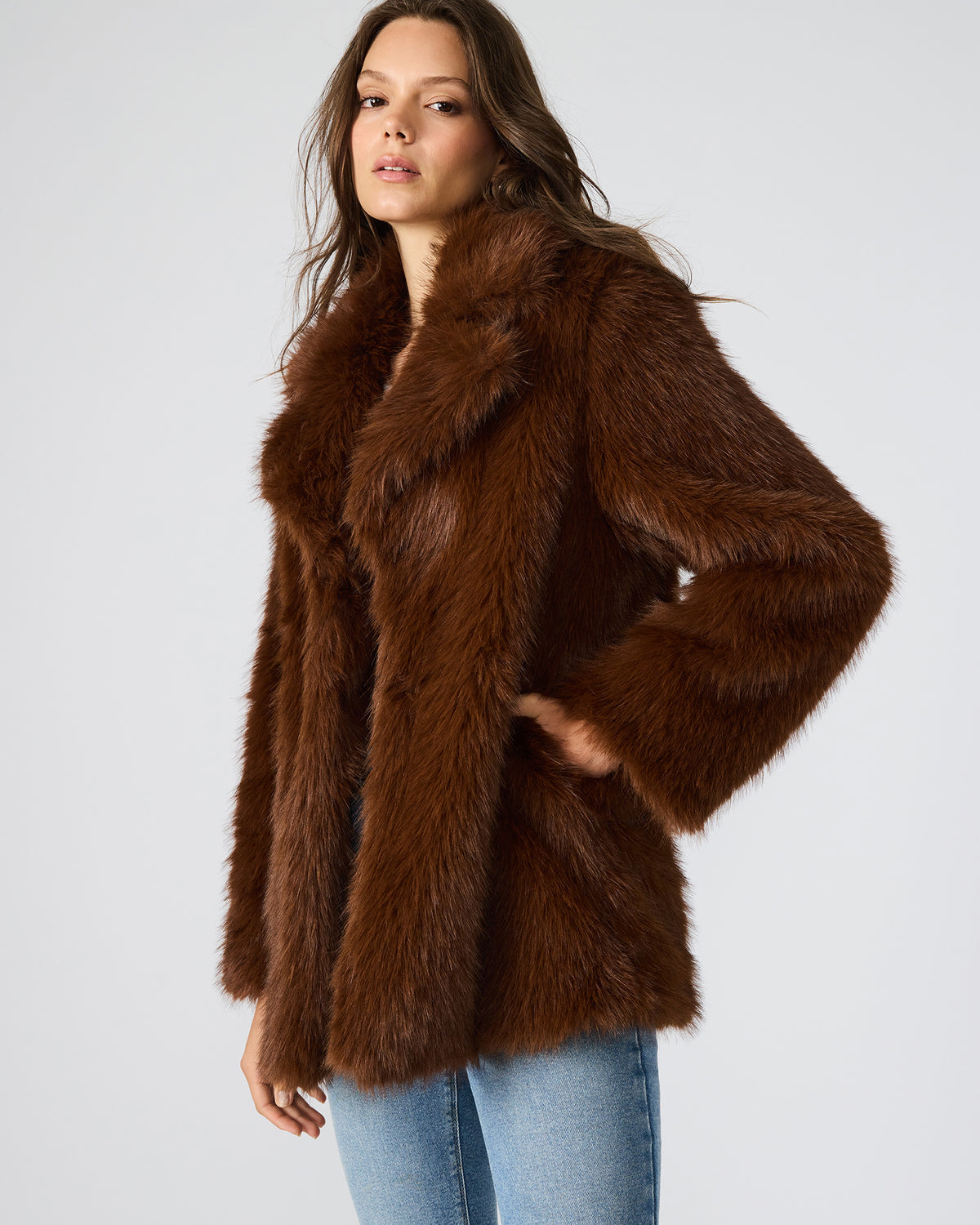 KINDRA Brown Faux Fur Collared Women's Coat