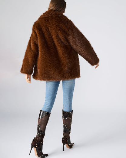 KINDRA Brown Faux Fur Collared Women's Coat