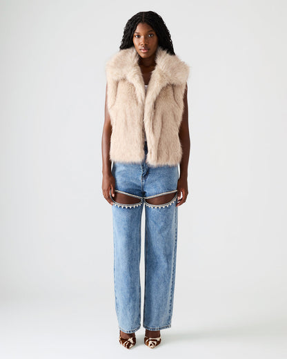 SAFIRA Natural Faux Fur Sleeveless Collared Women's Vest