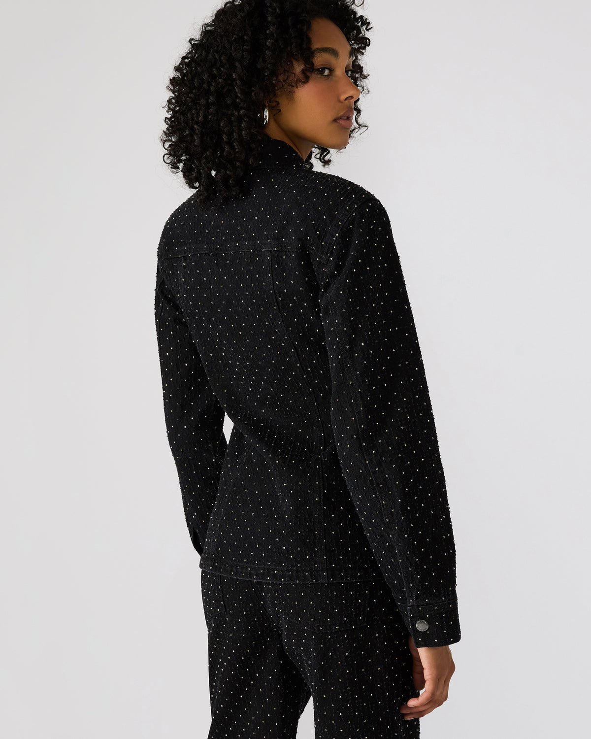 PARC Black Crystal Rhinestone Embellished Long-Sleeved Button-Up Denim Women's Jacket