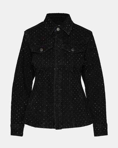 PARC Black Crystal Rhinestone Embellished Long-Sleeved Button-Up Denim Women's Jacket