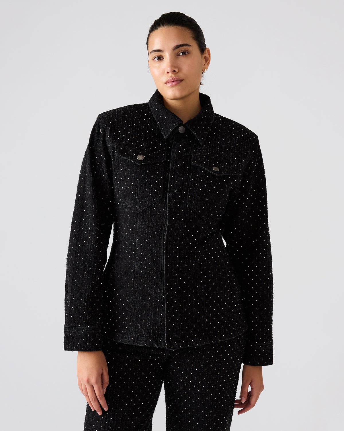 PARC Black Crystal Rhinestone Embellished Long-Sleeved Button-Up Denim Women's Jacket