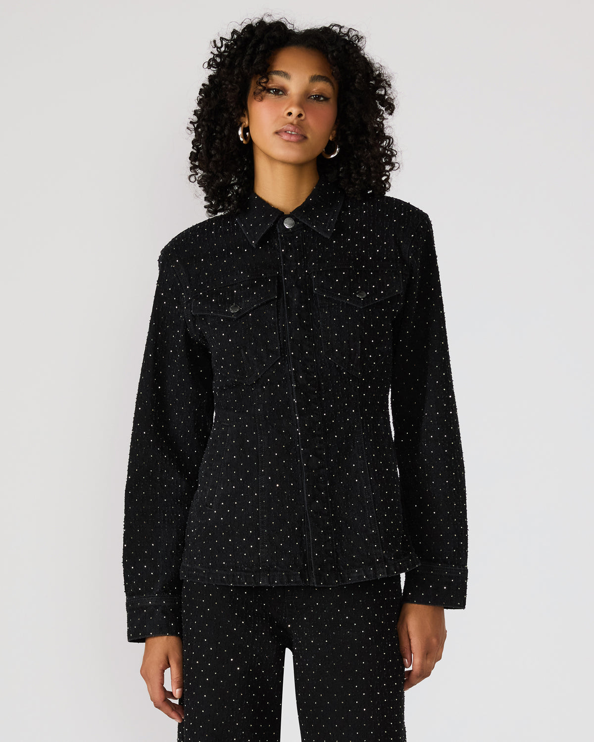 PARC Black Crystal Rhinestone Embellished Long-Sleeved Button-Up Denim Women's Jacket