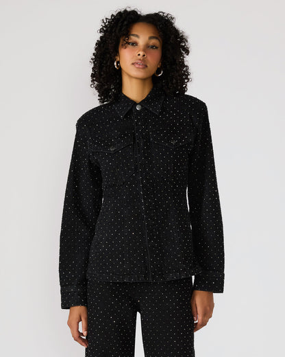 PARC Black Crystal Rhinestone Embellished Long-Sleeved Button-Up Denim Women's Jacket