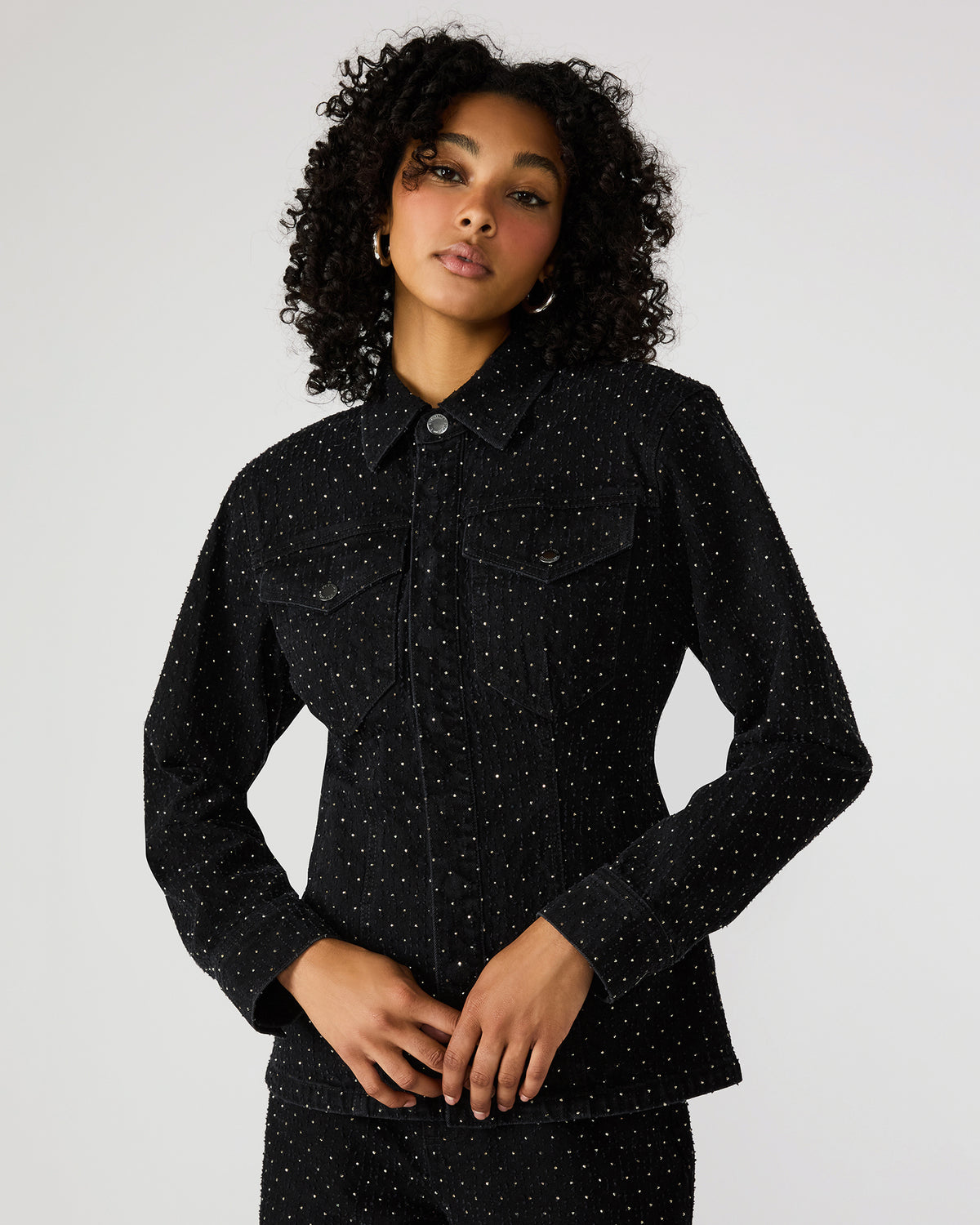PARC Black Crystal Rhinestone Embellished Long-Sleeved Button-Up Denim Women's Jacket