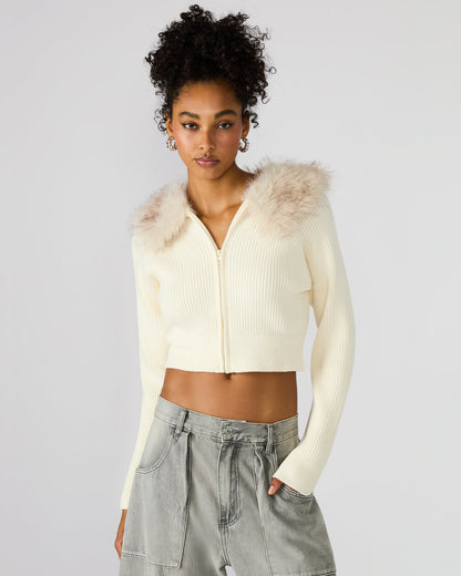 LYSIA Cream Long-Sleeved Faux Fur Hood Zip-Up Ribbed Women's Sweater Jacket