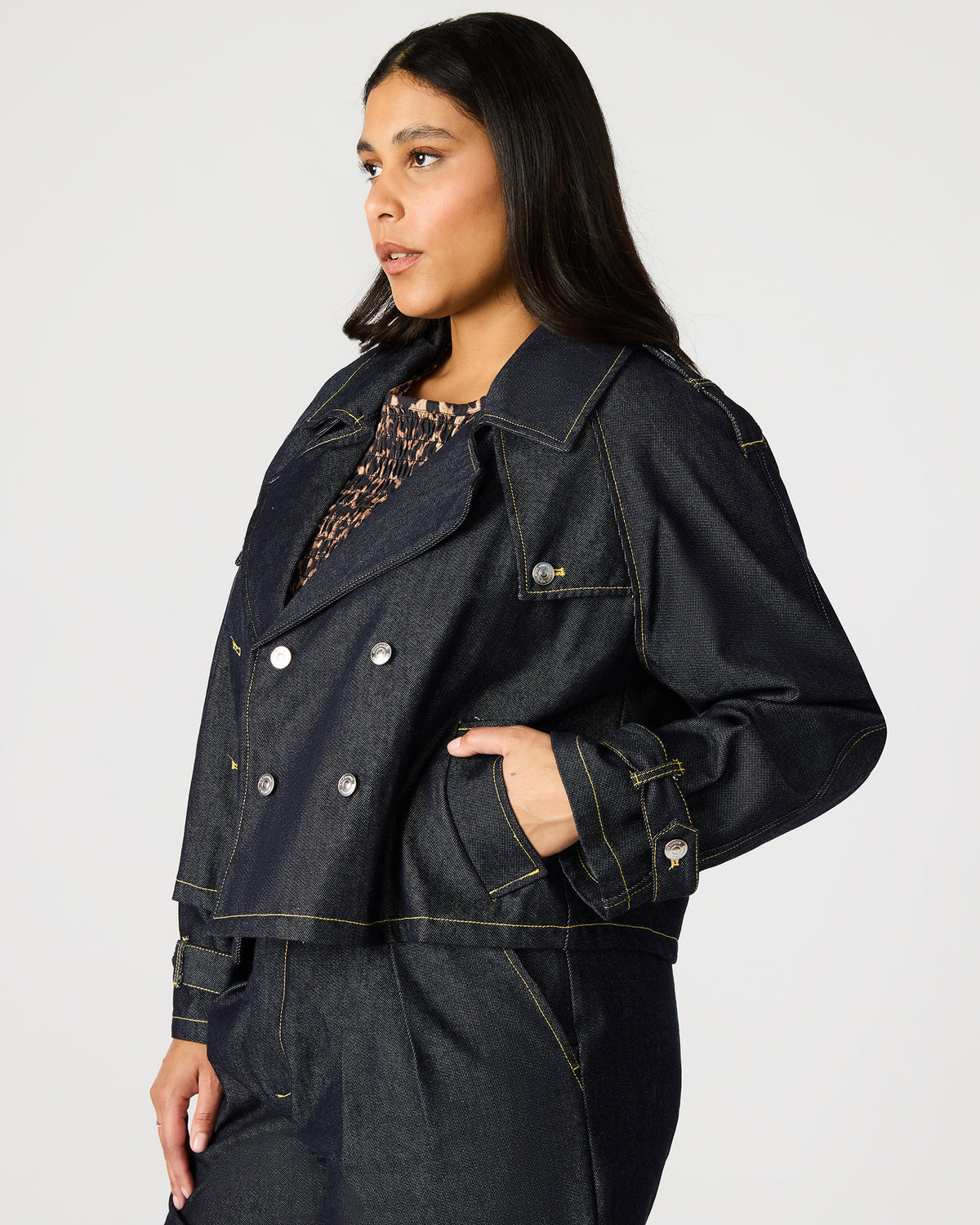 SIRUS Indigo Women's Cropped Denim Trench Coat