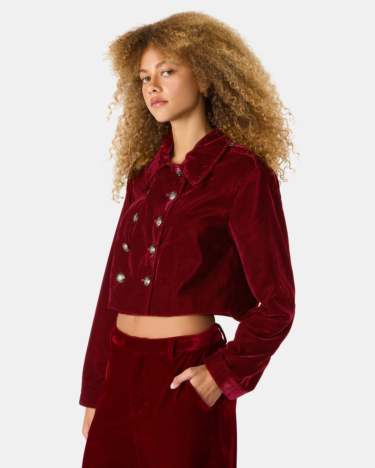 TONIA Red Velvet Button-Up Long-Sleeved Women's Blazer Jacket