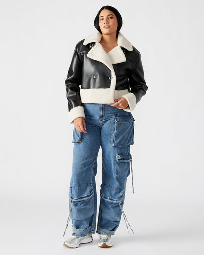 ATHEN Black Women's Faux Leather Shearling Trim Jacket