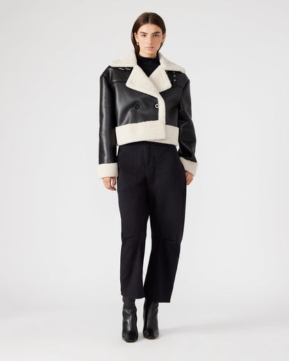 ATHEN Black Women's Faux Leather Shearling Trim Jacket