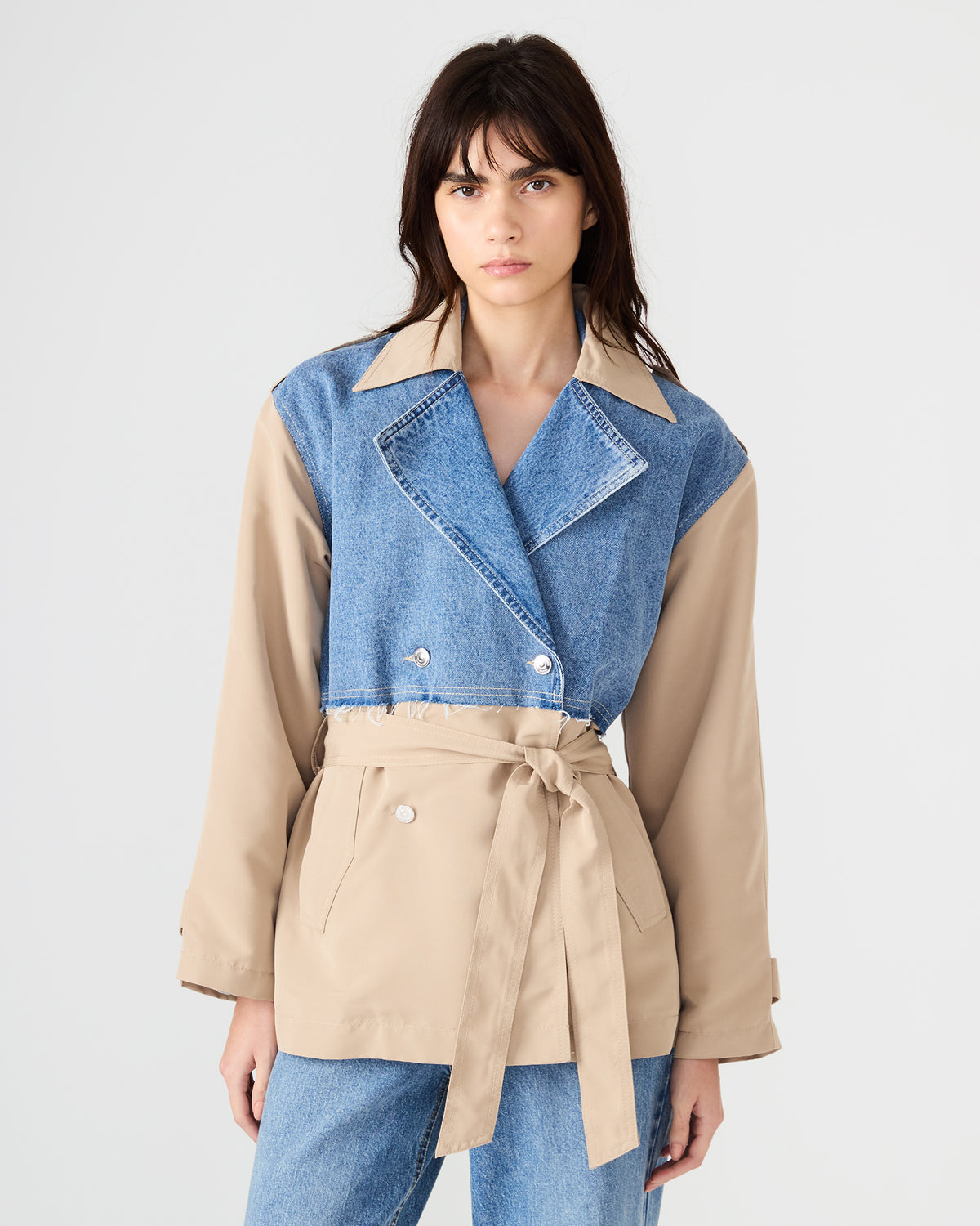 SHYLA Denim Multi Long-Sleeved Denim Khaki Button-Up Tie-Front Women's Coat