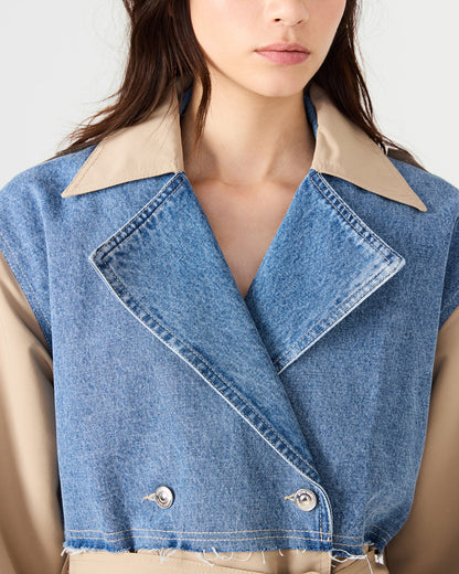 SHYLA Denim Multi Long-Sleeved Denim Khaki Button-Up Tie-Front Women's Coat