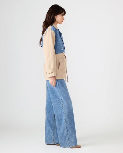 SHYLA Denim Multi Long-Sleeved Denim Khaki Button-Up Tie-Front Women's Coat