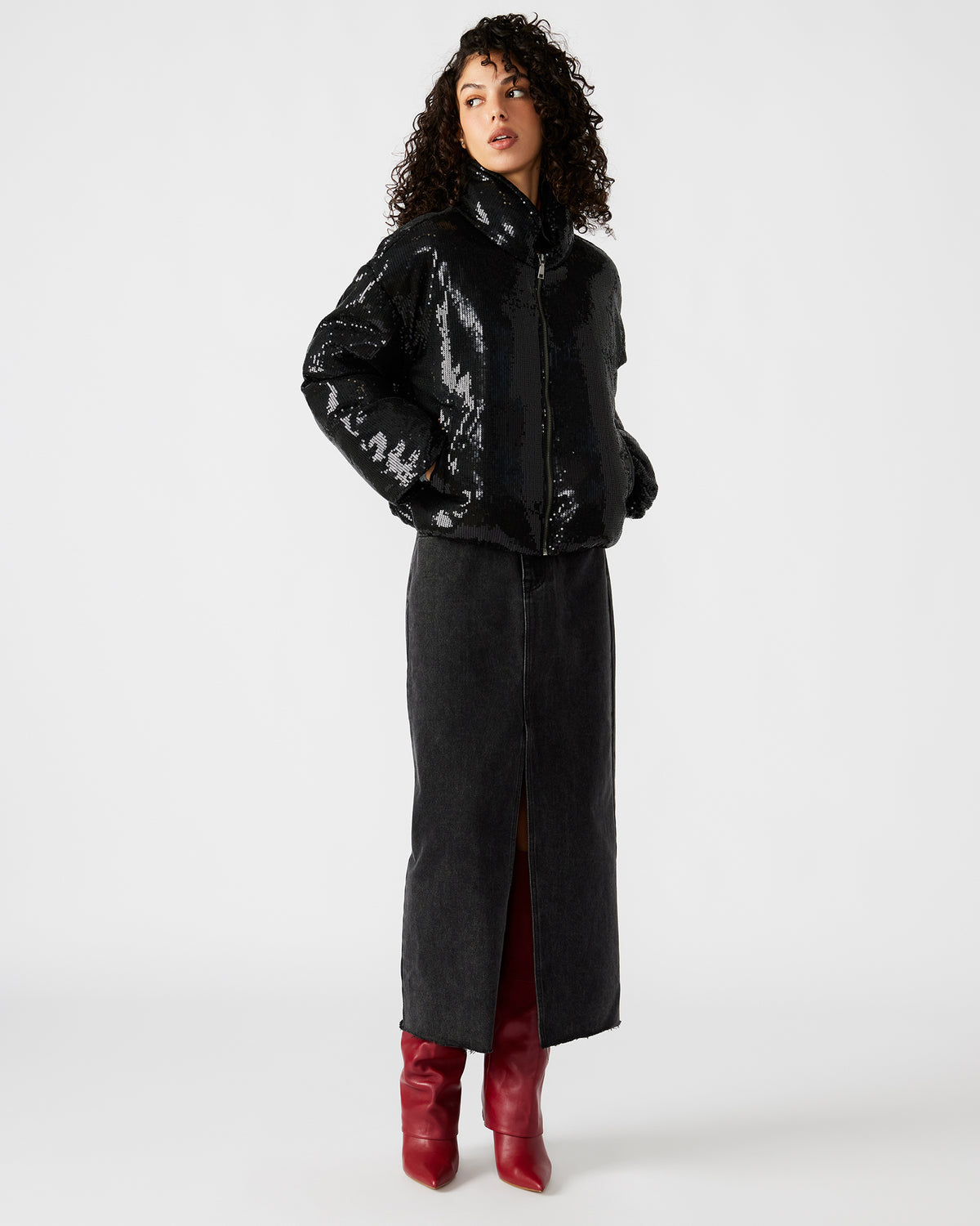 STRATTO Jacket Black | Women's Sequin Long-Sleeved Puffer Jacket