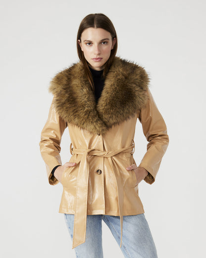 BOWERY Coat Tan | Women's Faux Leather Button-Up Coat