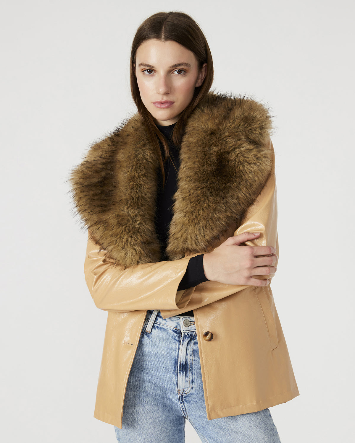 BOWERY Coat Tan | Women's Faux Leather Button-Up Coat