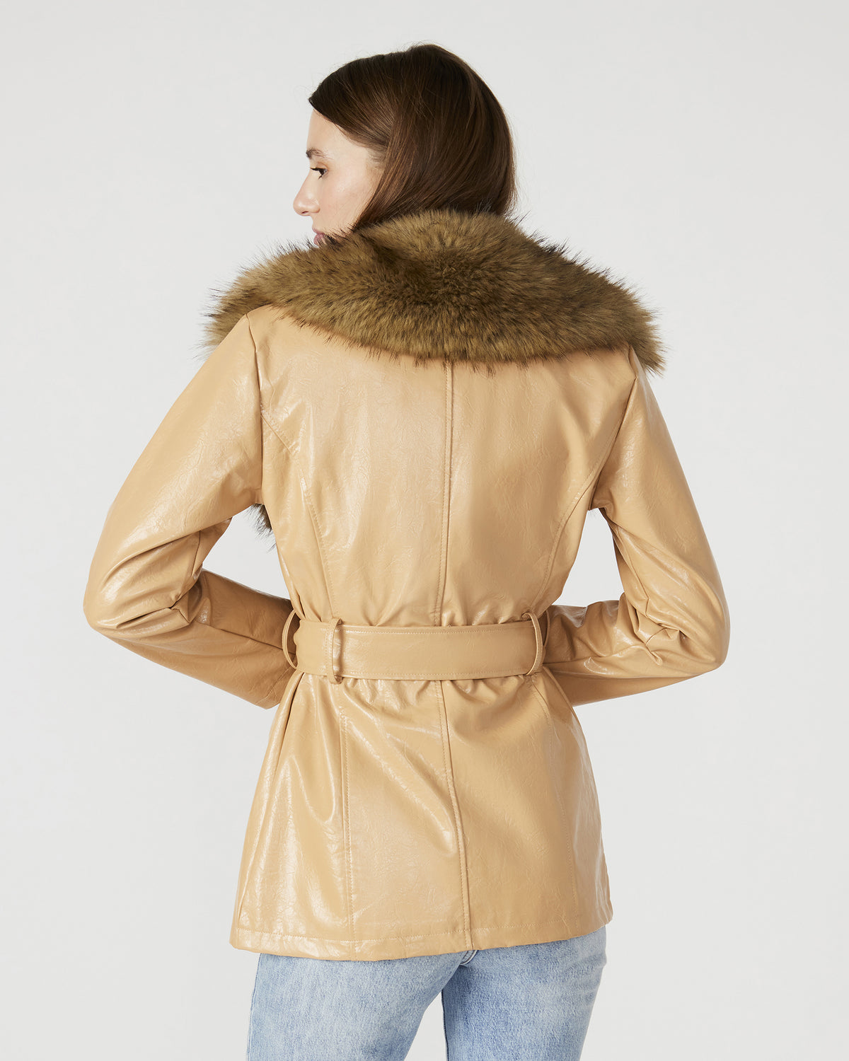 BOWERY Coat Tan | Women's Faux Leather Button-Up Coat