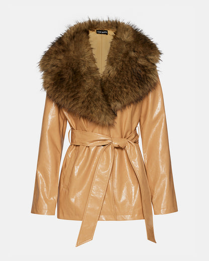 BOWERY Coat Tan | Women's Faux Leather Button-Up Coat